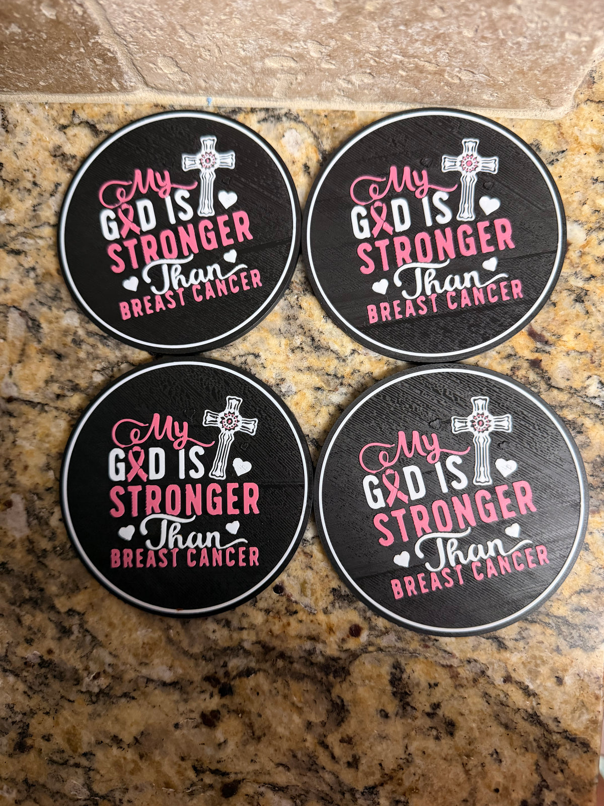 My God is stronger than breast cancer coasters
