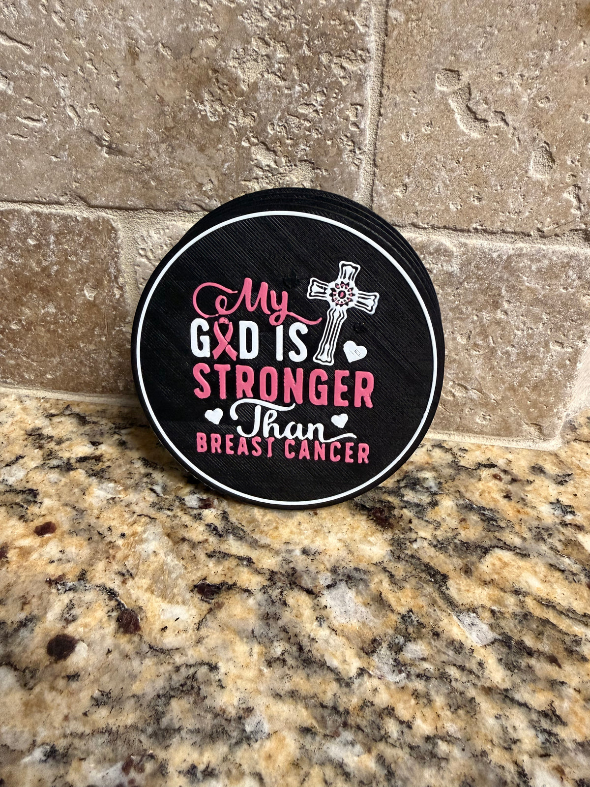 My God is stronger than breast cancer coasters