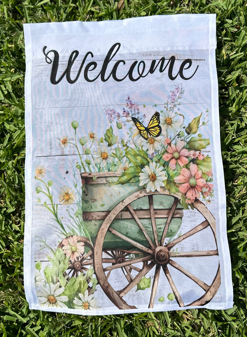 Wagon wheel and flowers