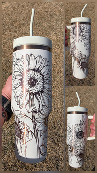 40oz Laser Engraved Cream Sunflower Tumbler